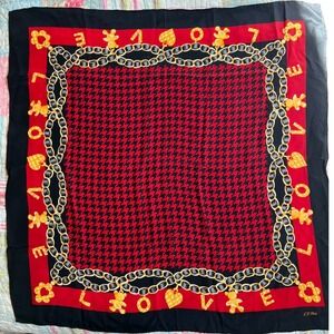 Vintage J G Hook 100% Silk Scarf Red Black LOVE Teddy Bear Houndstooth